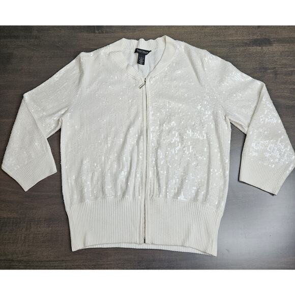 WHBM Womens Sequin Cardigan Sweater Ivory Medium 3/4 Sleeves Zip up - Picture 1 of 5